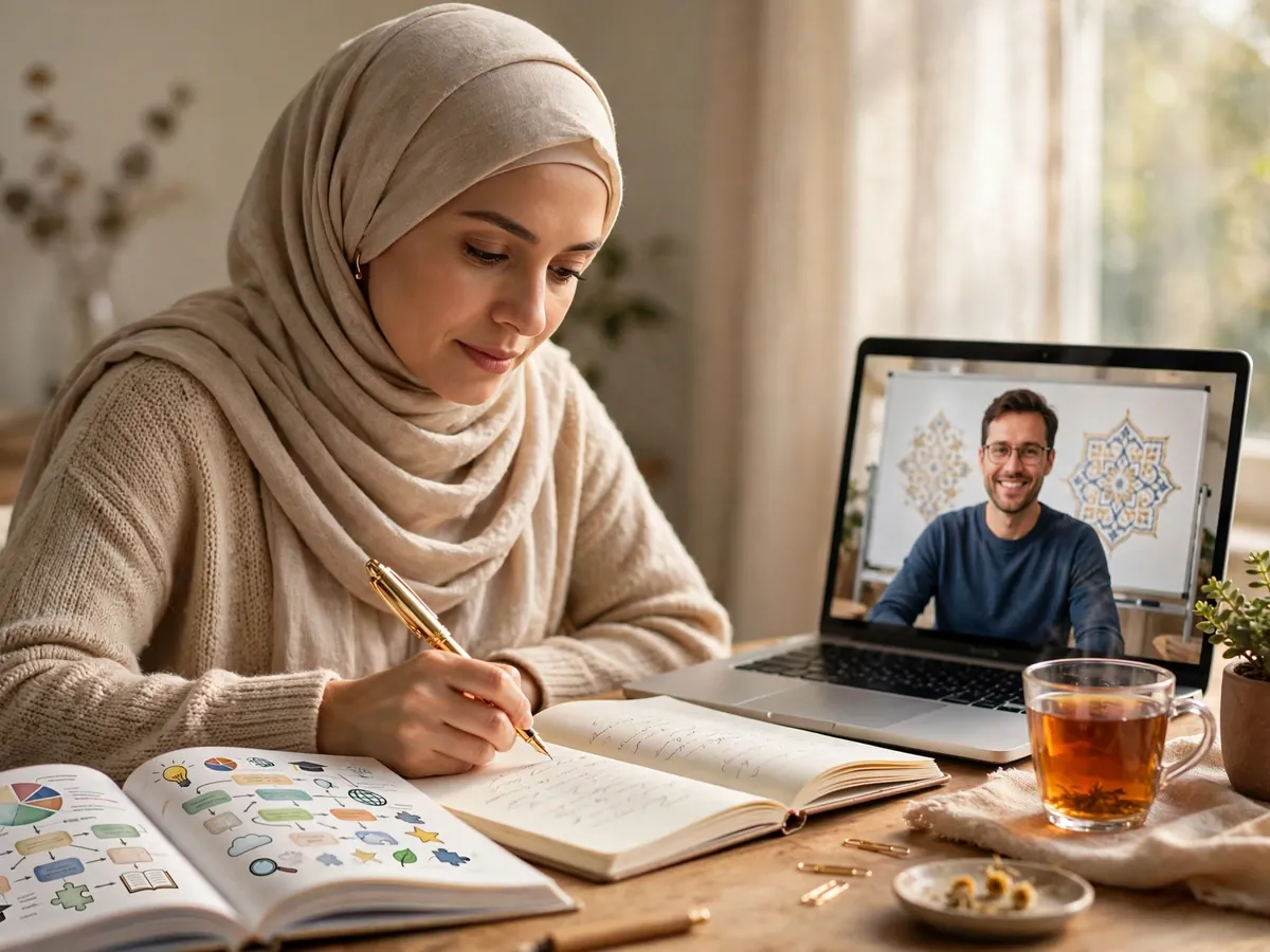 Woman writing Arabic in a notebook during an online Arabic language class