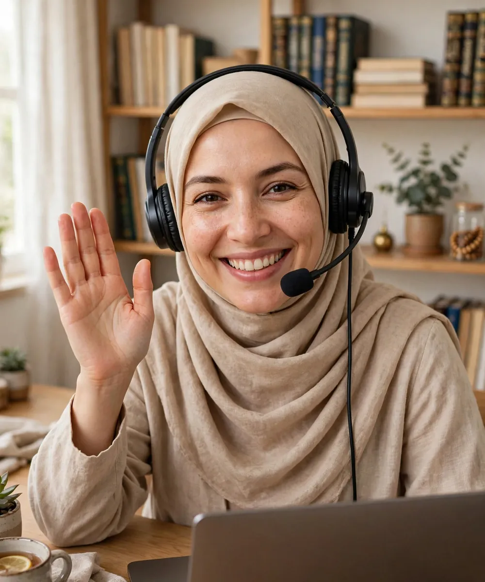 Female Quran tutor with a headset waving to welcome a new student to a free trial class