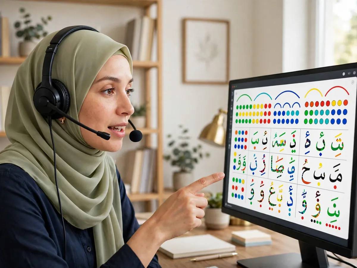 Female Tajweed teacher pointing at Arabic letters on a screen during an online class