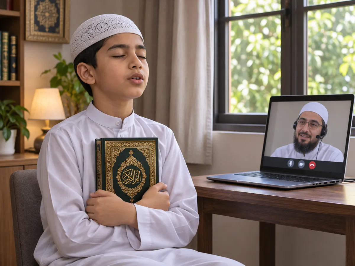 Boy reciting the Quran from memory in an online Hifz class with his teacher