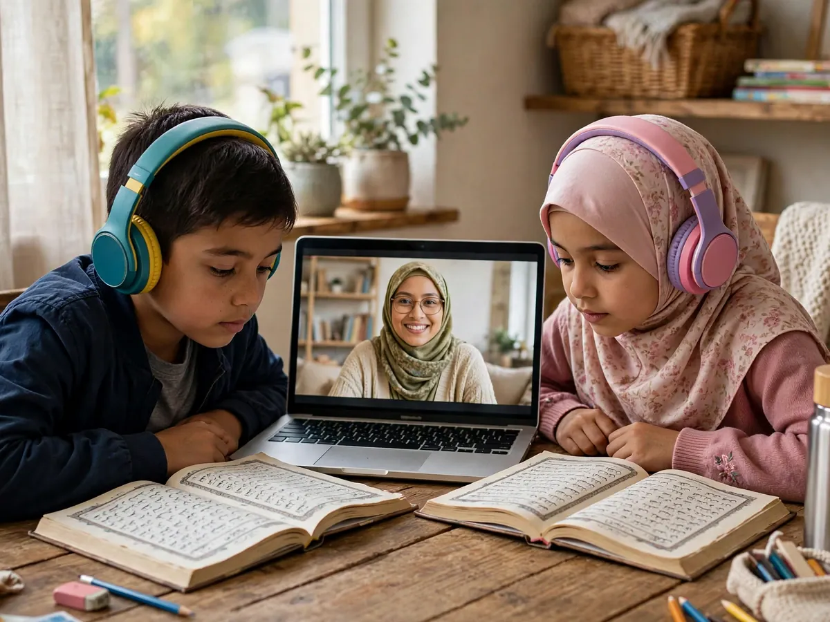 Brother and sister learning Noorani Qaida online with a female Quran teacher