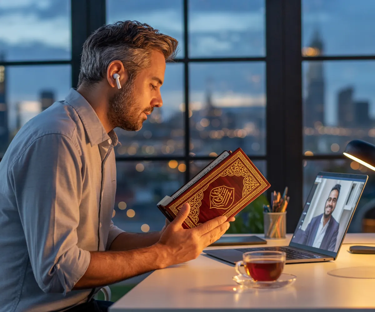 Adult man reciting the Quran in an online class with his tutor after work