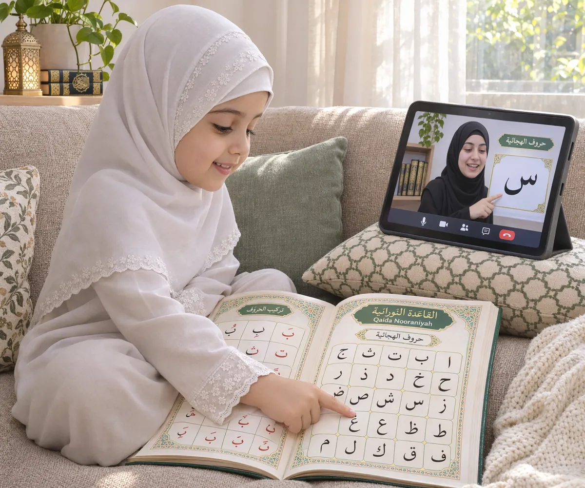 Young girl tracing Arabic letters in a Noorani Qaida book while her online Quran teacher guides her on a tablet