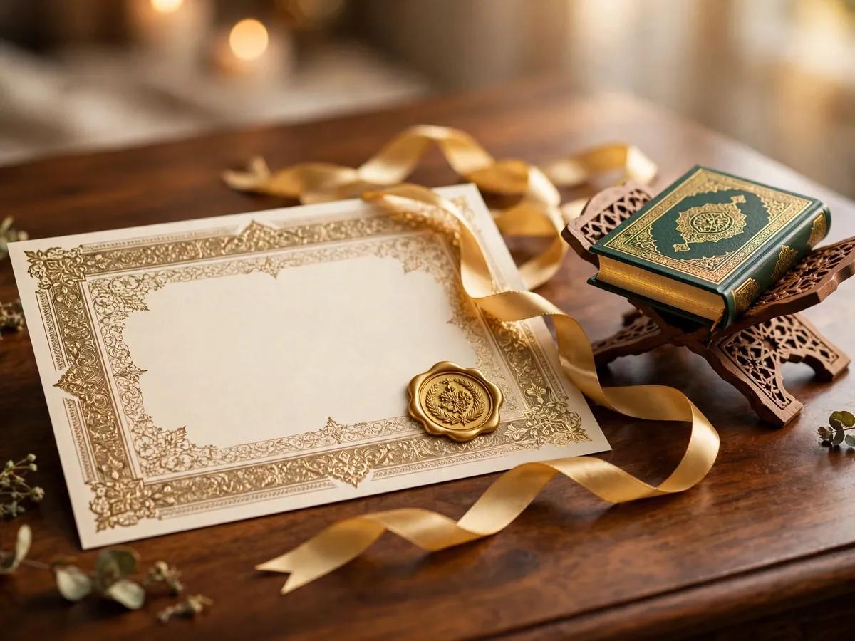 Course completion certificate with a gold seal beside a Quran on a rehal