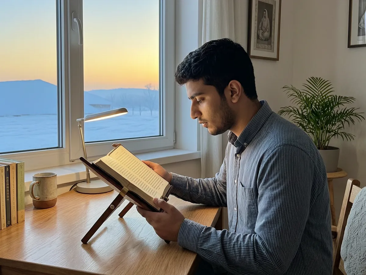 Young man reading the Quran on a rehal at dawn during his online Quran recitation course