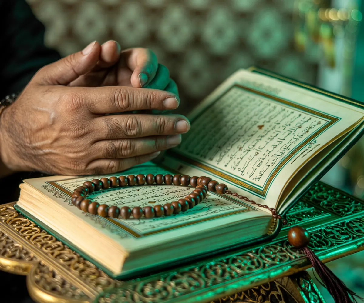 Hands beside an open Quran on an ornate rehal with prayer beads