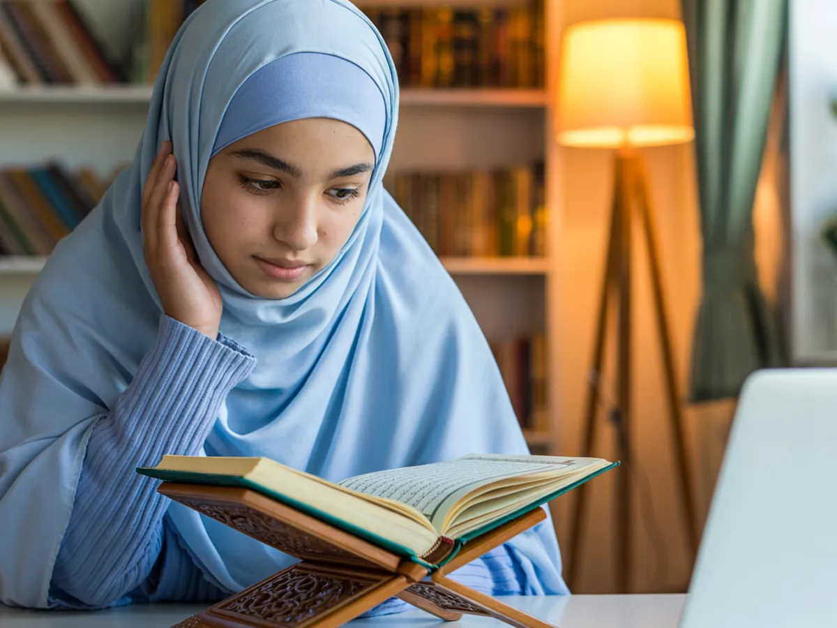 Teenage girl reciting the Quran with Tajweed in an online class