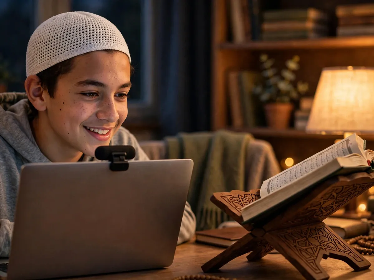 Teenage boy smiling during his online Quran recitation class