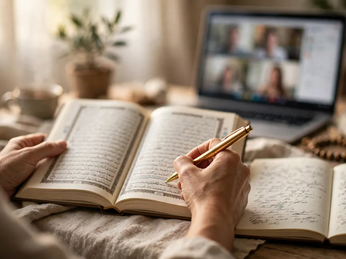 Learner taking notes beside an open Quran to understand its meaning in an online class
