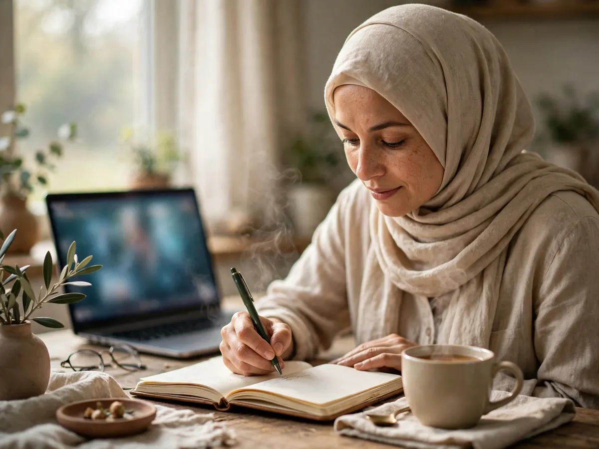 Woman learning Arabic online, writing in a notebook with a cup of tea